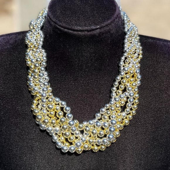 Twisted Multi Strand Gold Silver Color Pearl Necklace Spring Summer Vacation NWT - Picture 1 of 4